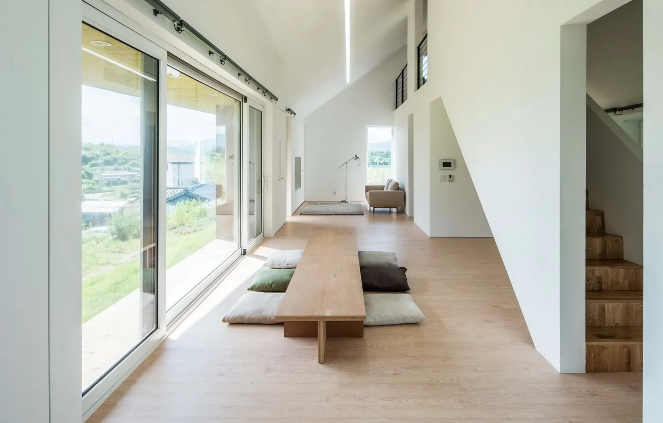 Photo wallpaper interior, South Korea, living room, dining room, house in the countryside, by Stpmj, rural cabin, …