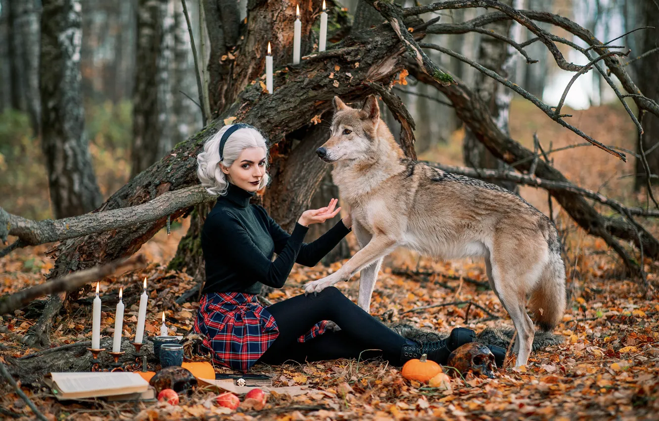 Photo wallpaper autumn, forest, look, girl, trees, branches, pose, smile