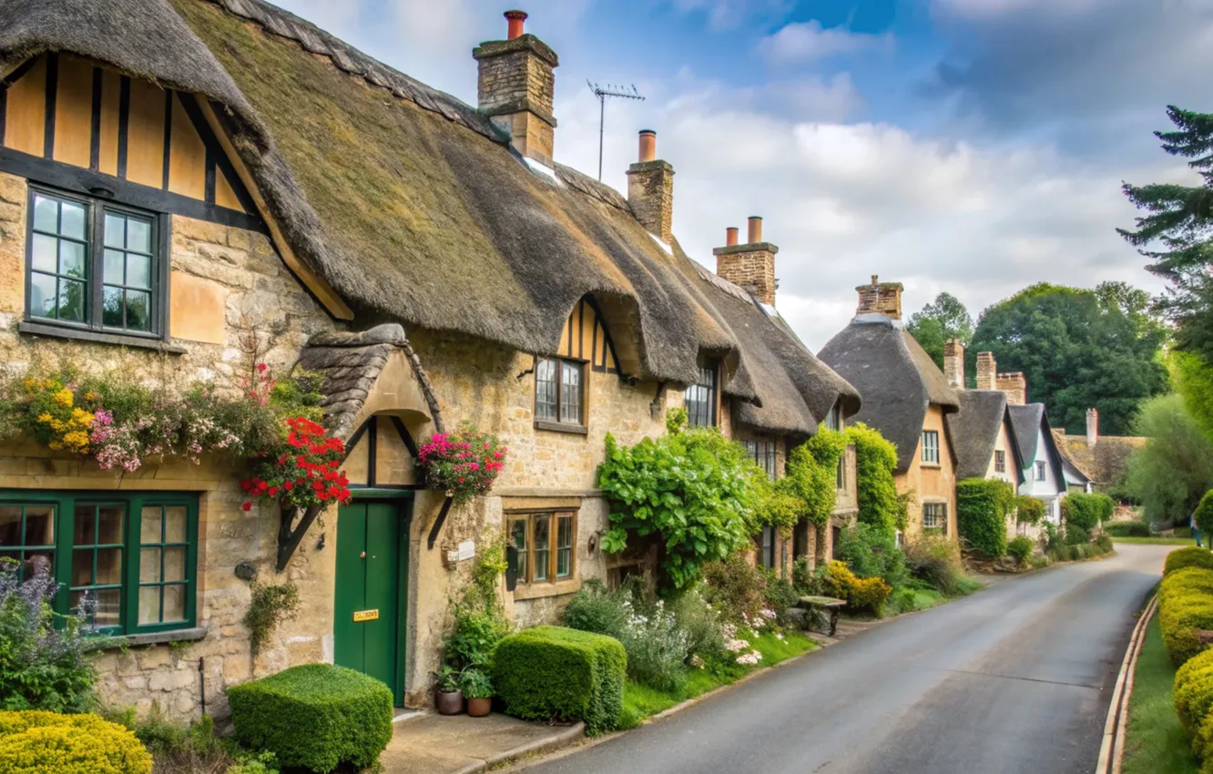 Photo wallpaper street, village, house, cottage, street, fabulous, village, cottage