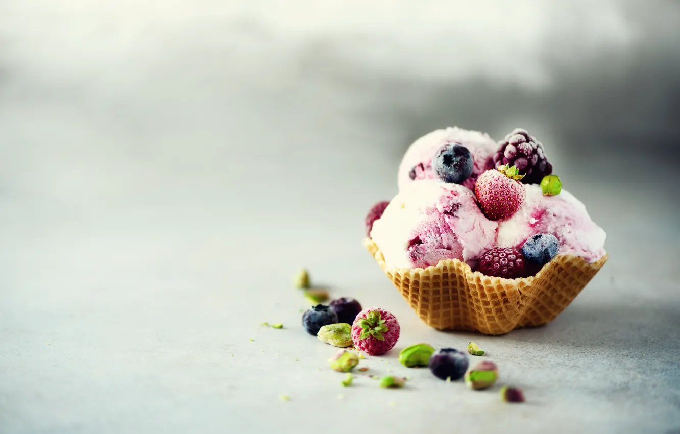 Photo wallpaper berries, blueberries, strawberry, ice cream, Cup, dessert, waffle, Natasha Breen