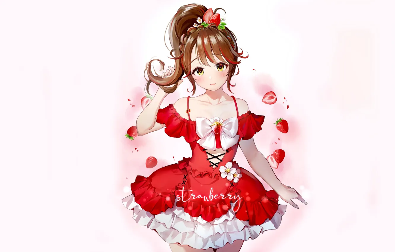Photo wallpaper girl, long hair, dress, anime, beautiful, pretty, strawberry, attractive