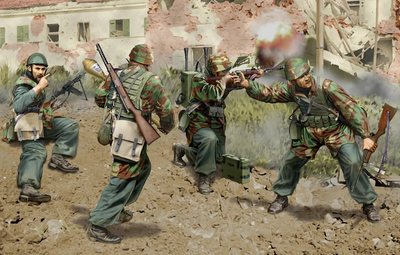 Photo wallpaper the city, weapons, war, street, figure, art, machine, equipment