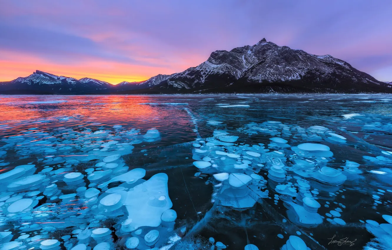 Photo wallpaper mountains, lake, ice, the evening, Canada, Albert, Bulba