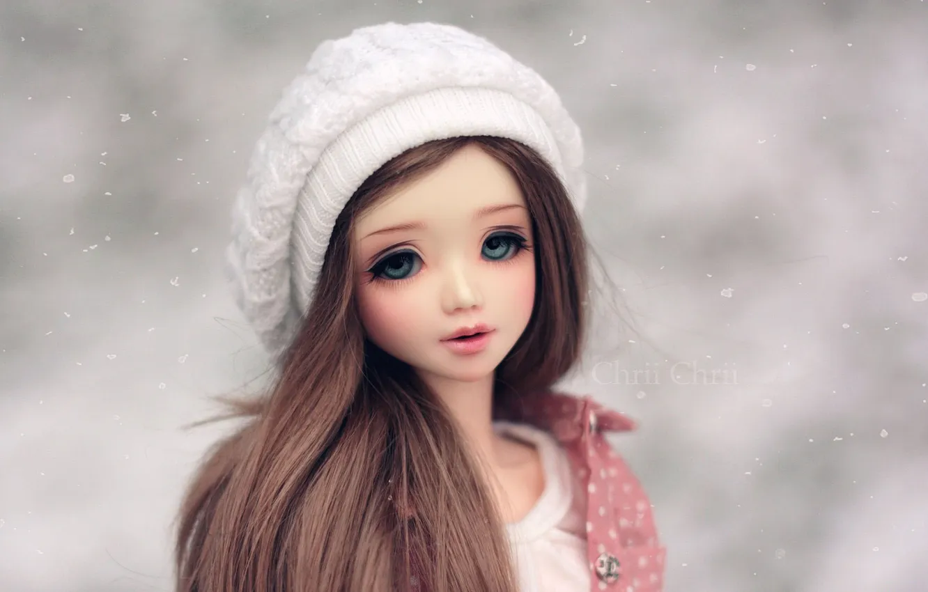 Photo wallpaper takes, doll. toy. long hair, winter. snowflakes