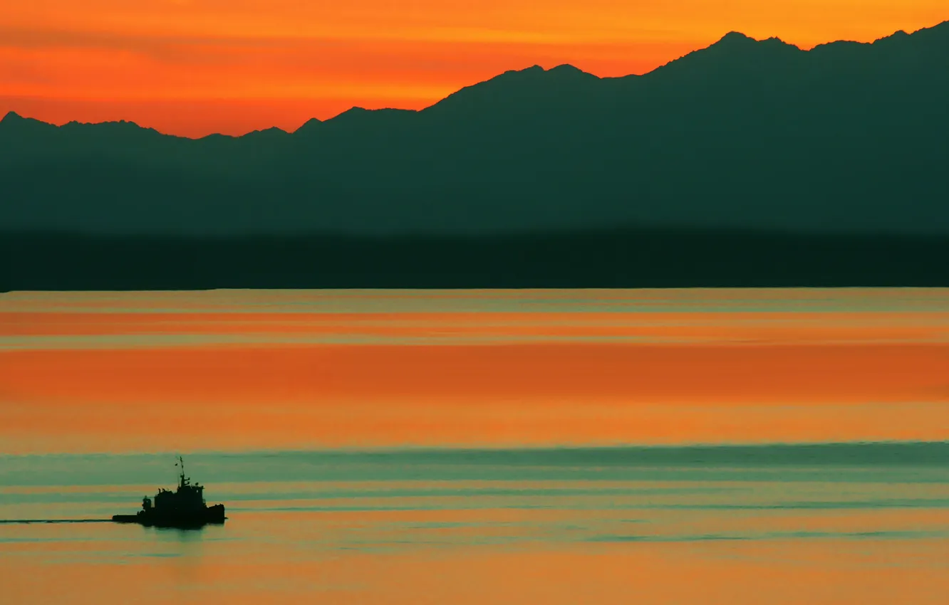 Photo wallpaper sea, the sky, mountains, ship, glow