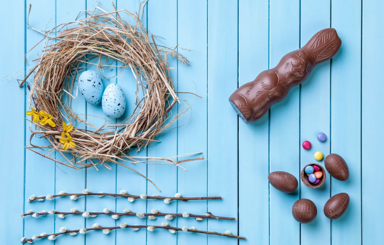 Photo wallpaper chocolate, eggs, colorful, rabbit, candy, Easter, wood, Verba