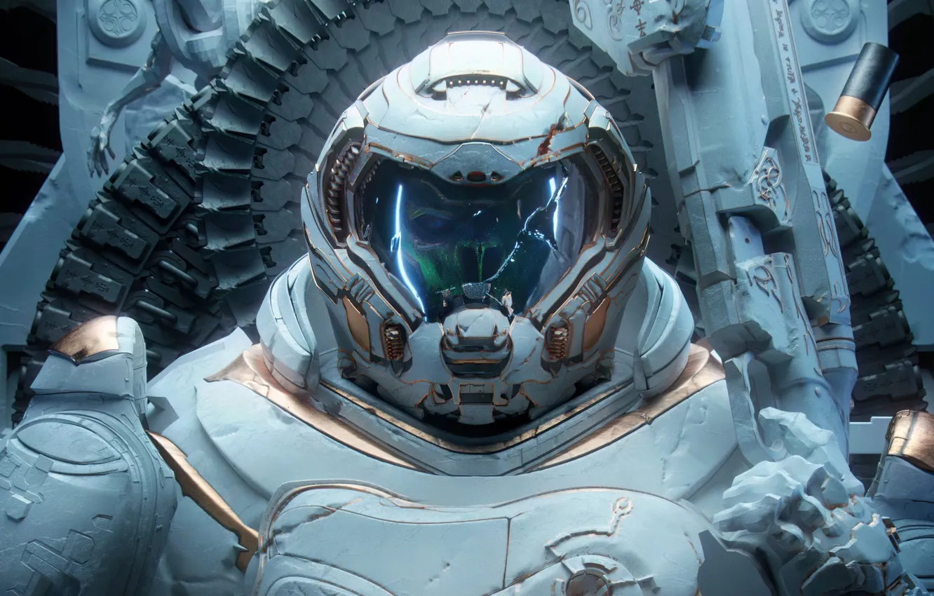 Photo wallpaper look, skull, the suit, cartridges, killer, Doom, Eternal Slayer, cracked glass