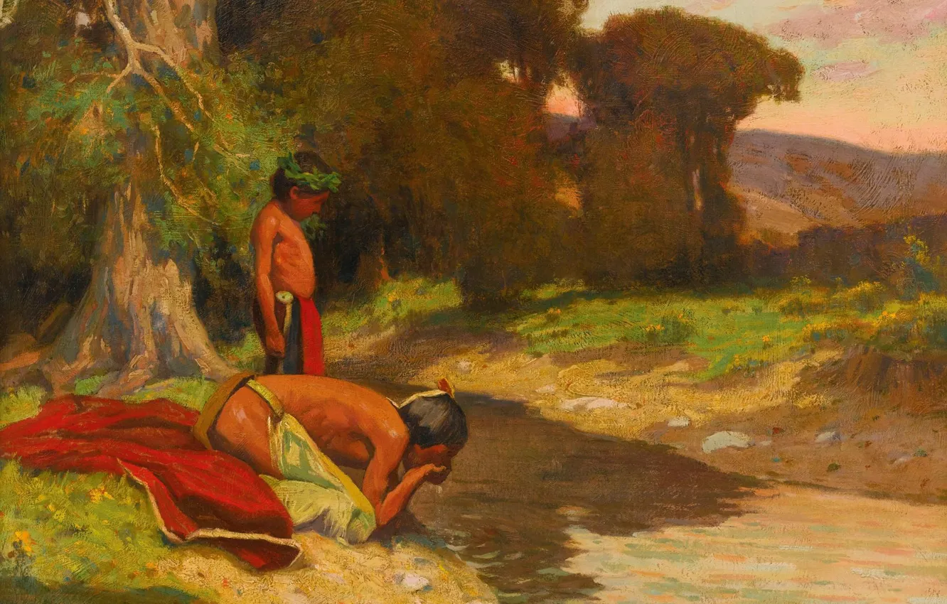 Photo wallpaper river, father and son, Eanger Irving Couse, The Cooling Stream