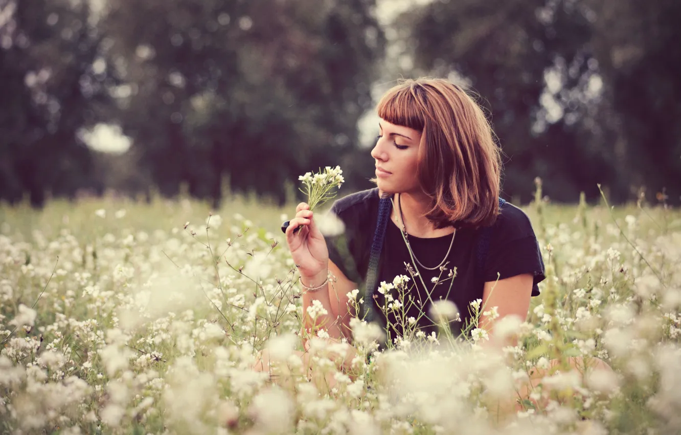 Photo wallpaper trees, flowers, hair, trees, field of flowers, flowers, hair, looking