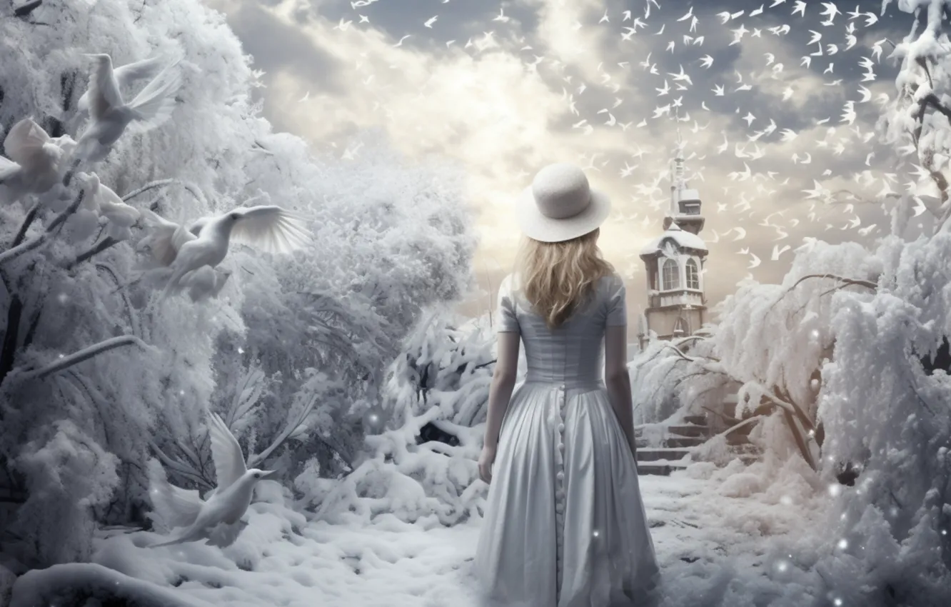 Photo wallpaper winter, frost, girl, snow, trees, branches, nature, pose