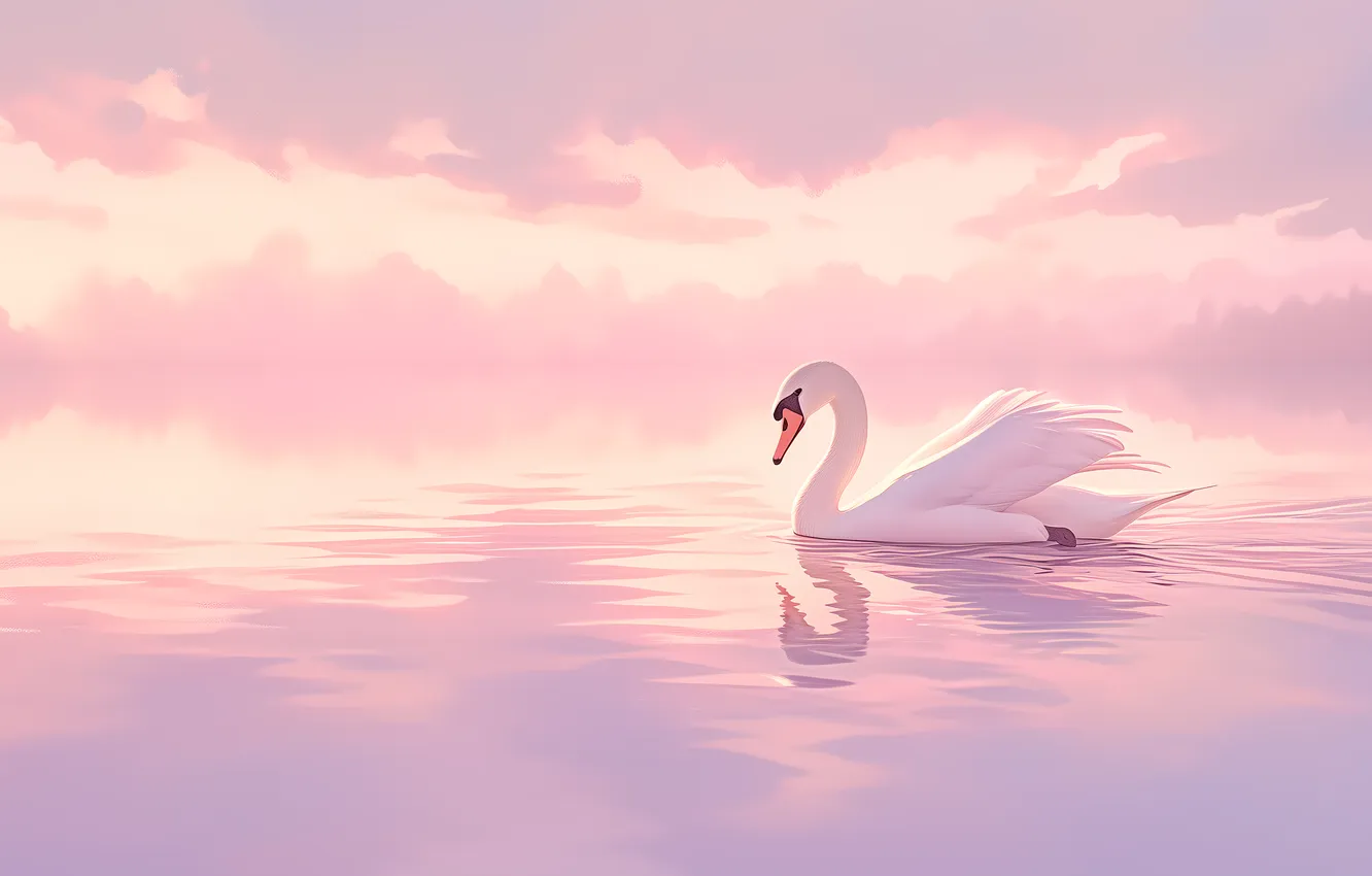 Photo wallpaper white, the sky, clouds, reflection, bird, swans, pink background, pond