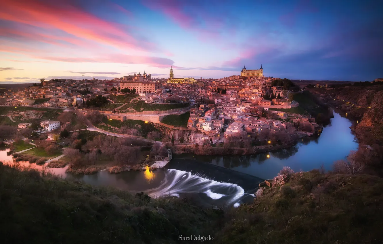 Photo wallpaper the sky, the city, lights, the evening, Spain, Toledo, the Tagus river