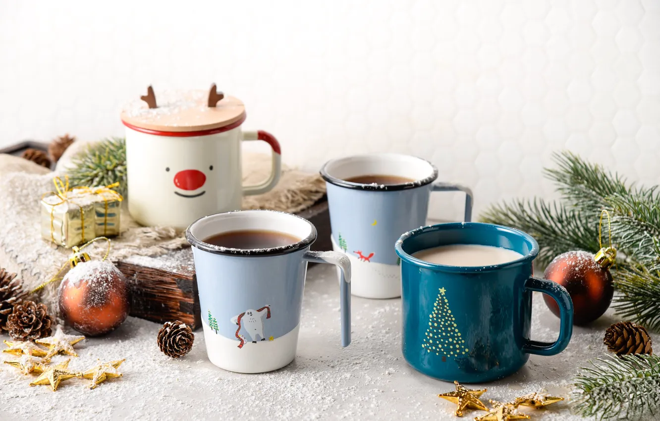 Photo wallpaper holiday, toys, coffee, spruce, Cup