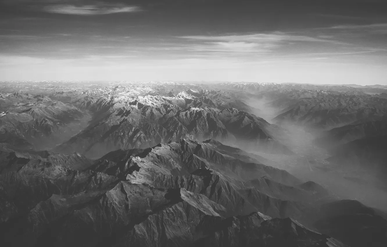 Photo wallpaper black & white, snow, mounatins, snow peaks