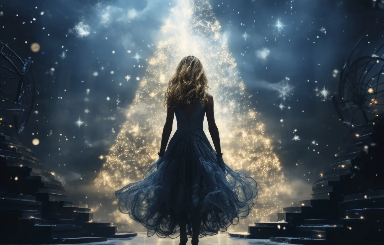 Photo wallpaper girl, night, lights, tree, new year, dress, Christmas, back