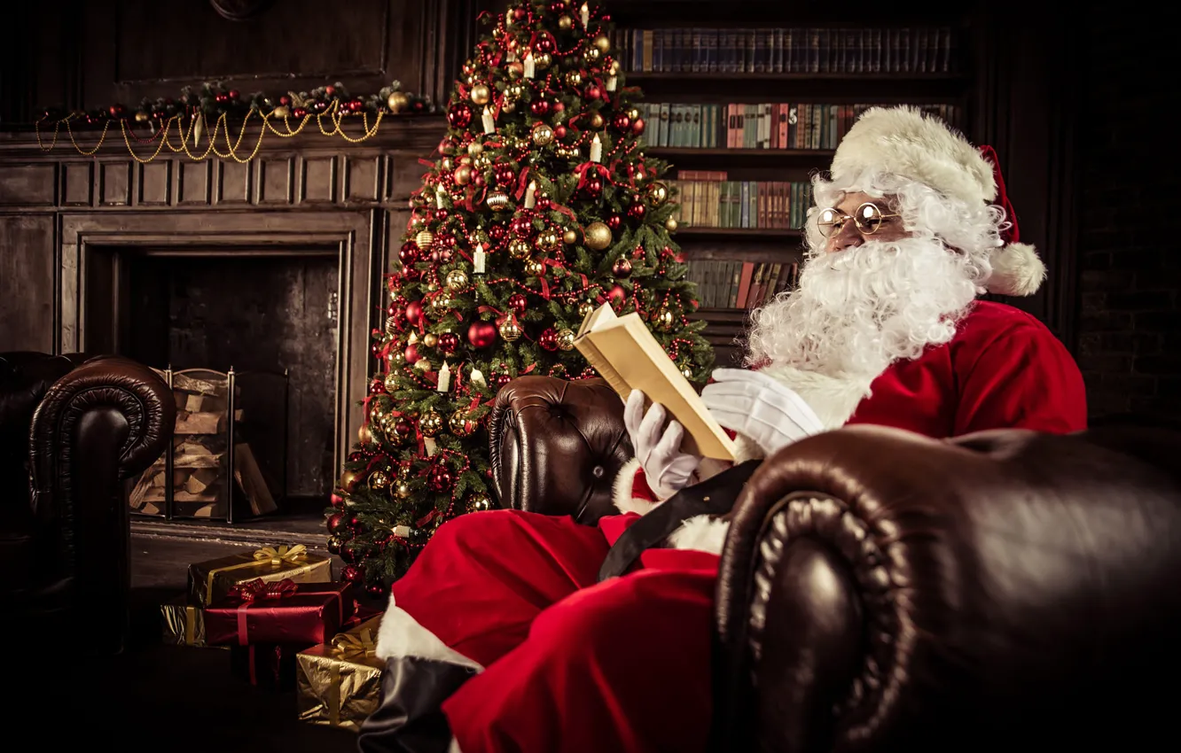 Photo wallpaper gift, box, room, sofa, elegant, book, new year decorations, glasses