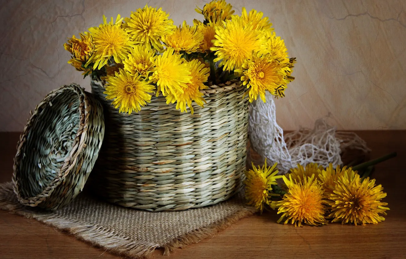 Photo wallpaper yellow, table, dandelion, basket, napkin, braided