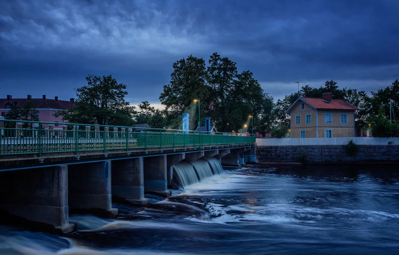Photo wallpaper bridge, nature, the city, river, the evening, twilight, river, nature