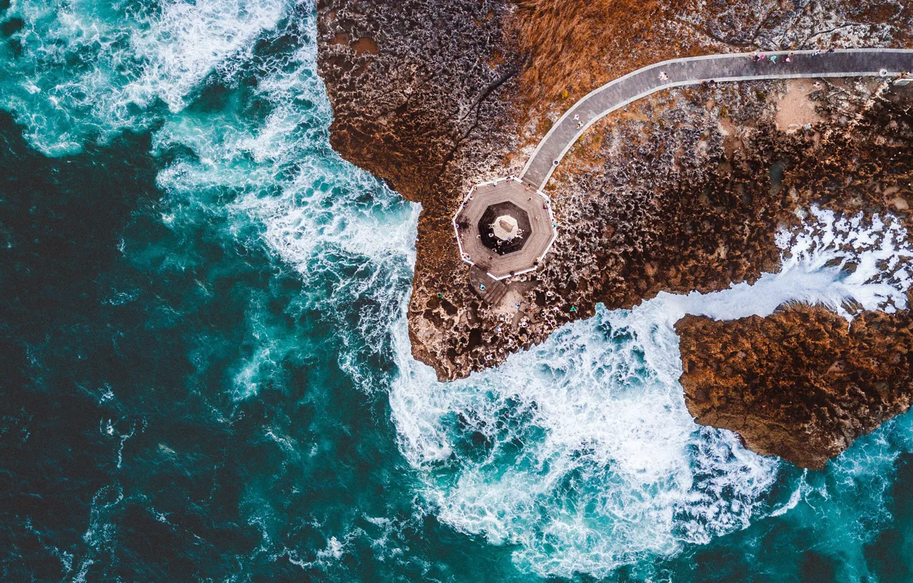 Photo wallpaper sea, rocks, lighthouse, tide, seashore, aerial view