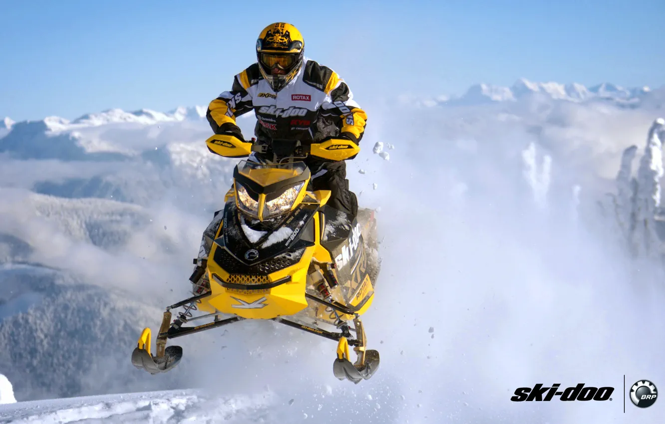 Photo wallpaper snow, yellow, jump, sport, sport, snow, snowmobile, snowmobile