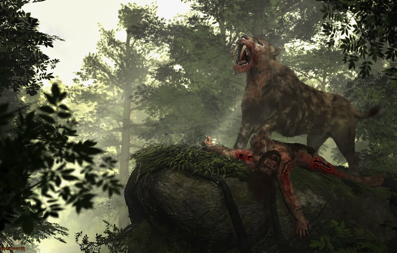 Photo wallpaper forest, fantasy, blood, predator, fangs, hunting, wild cat, hunter