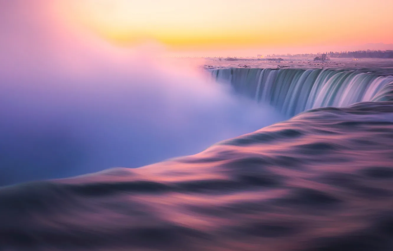 Photo wallpaper colors, sky, fog, waterfall, sunrise, Niagara Falls, Niagara