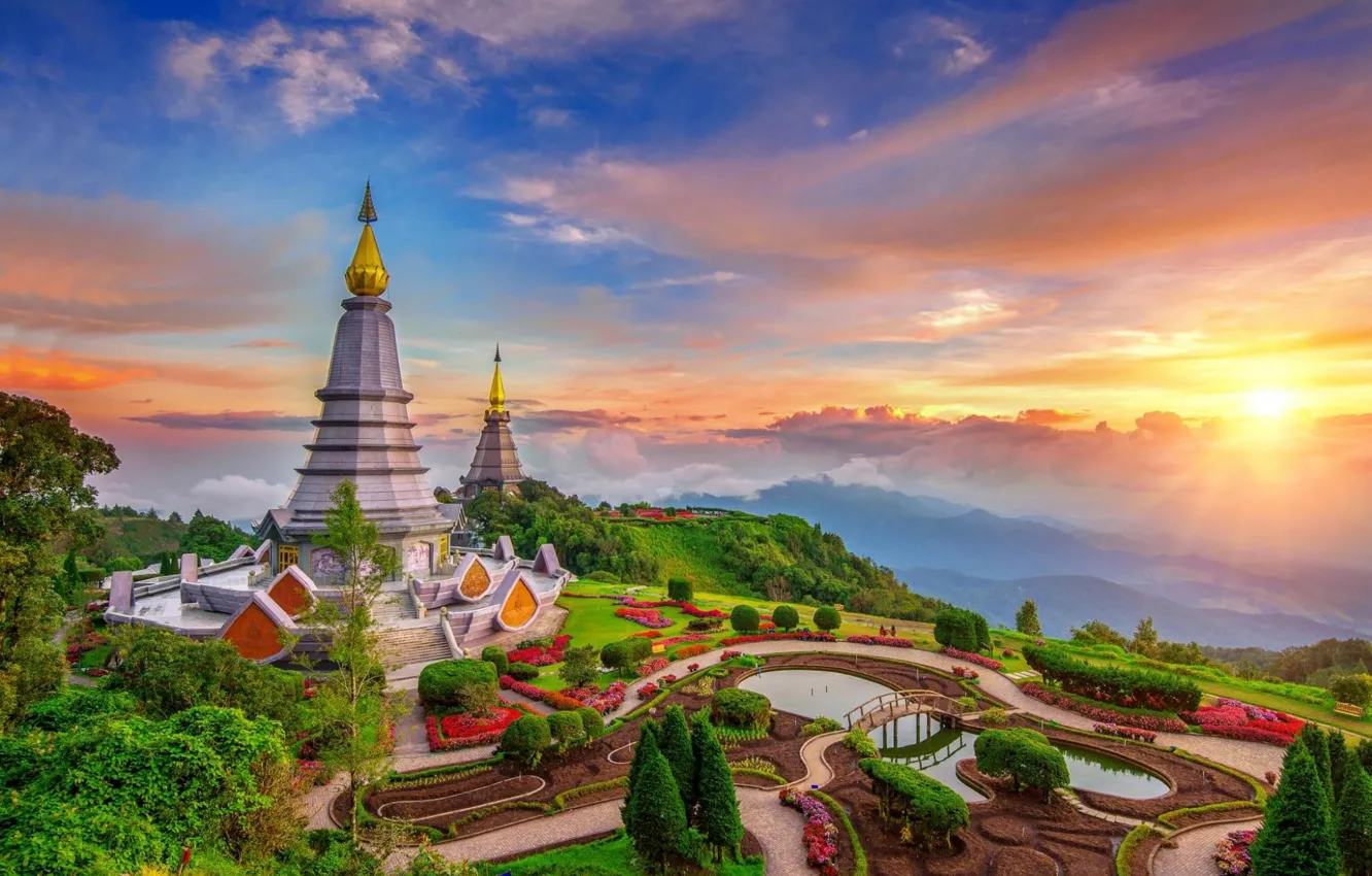 Photo wallpaper the sun, dawn, temple, Thailand