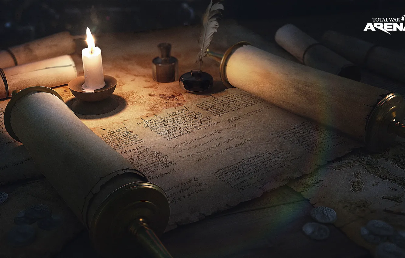 Photo wallpaper table, candle, manuscript, Total War Arena, promo arts