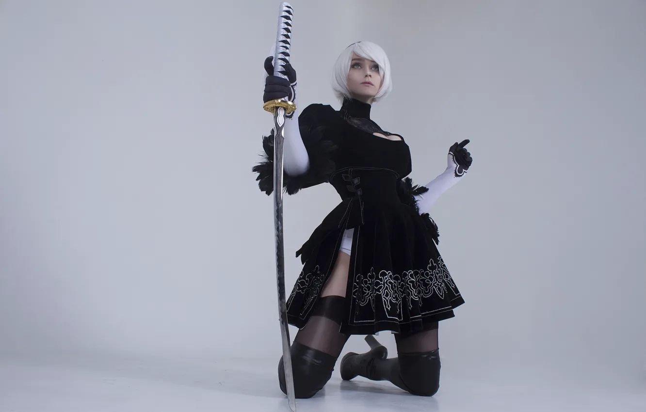 Photo wallpaper sword, katana, grey background, black dress, Nier, cosplay, short hair, NieR Automata