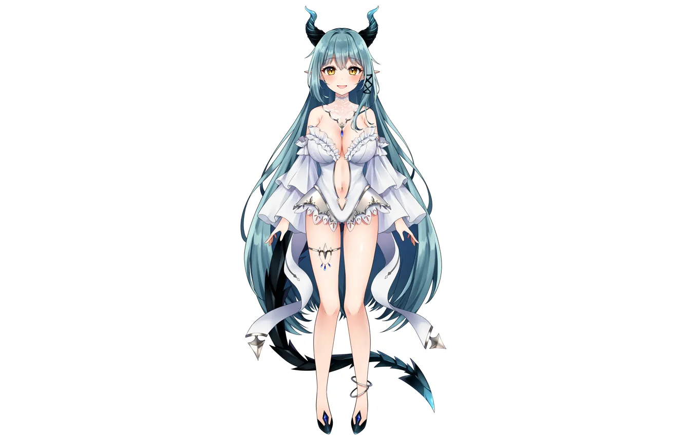 Photo wallpaper girl, sexy, cleavage, horns, long hair, dress, boobs, anime