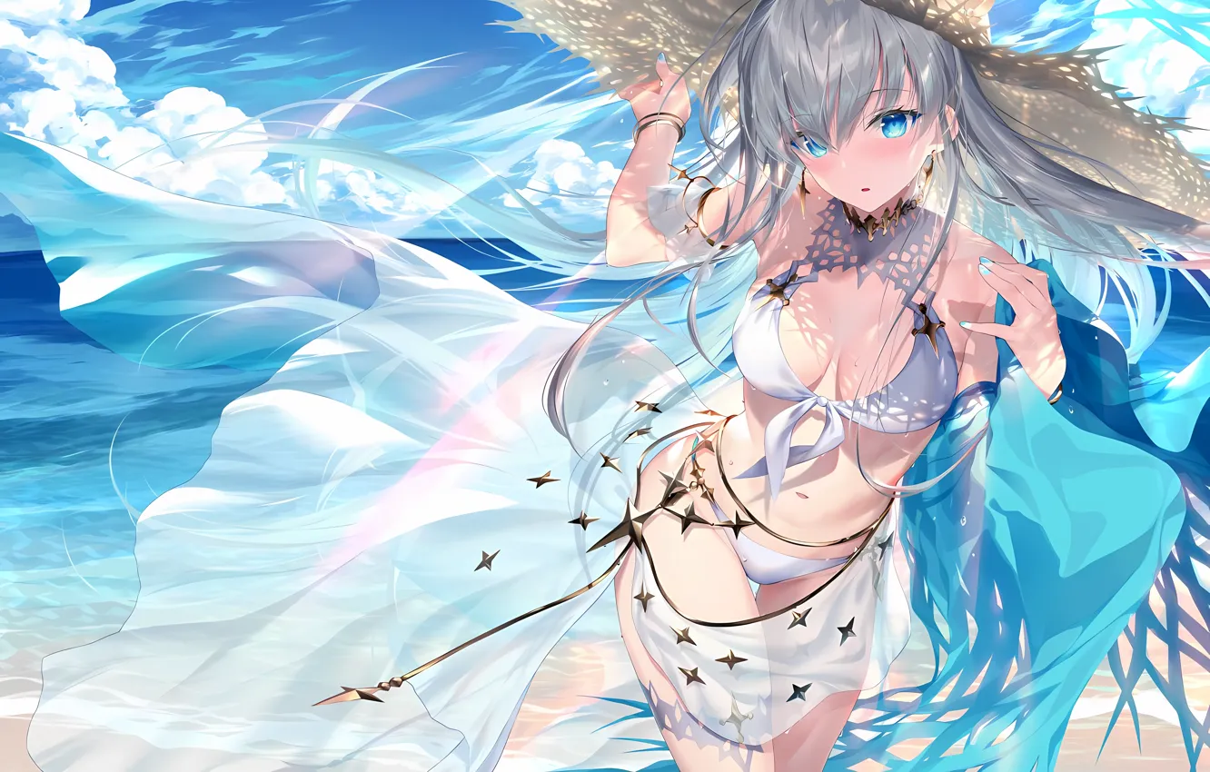 Photo wallpaper girl, sexy, Anastasia, cleavage, beach, sky, long hair, sea