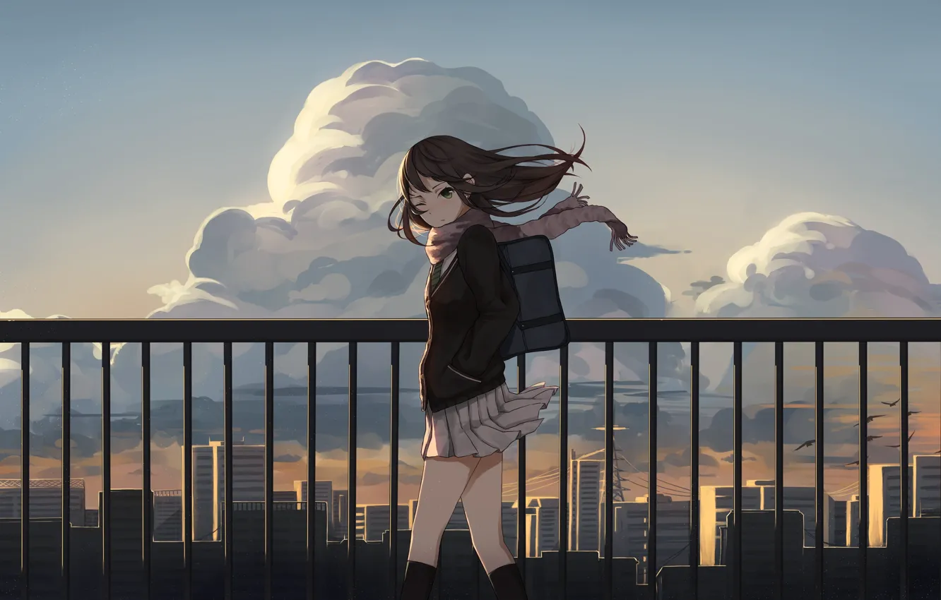 Photo wallpaper the sky, girl, clouds, the city, home, anime, art, form