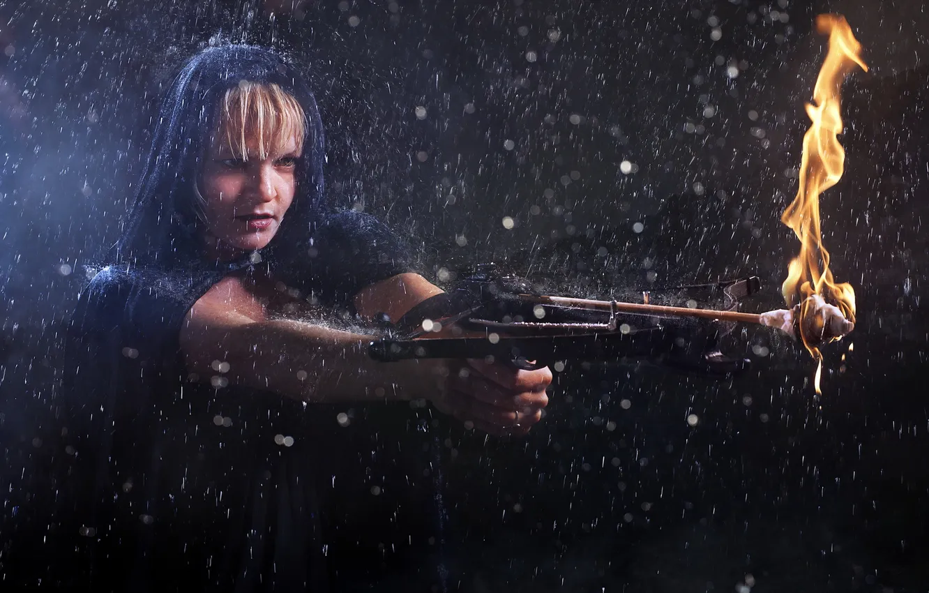 Photo wallpaper girl, rain, crossbow