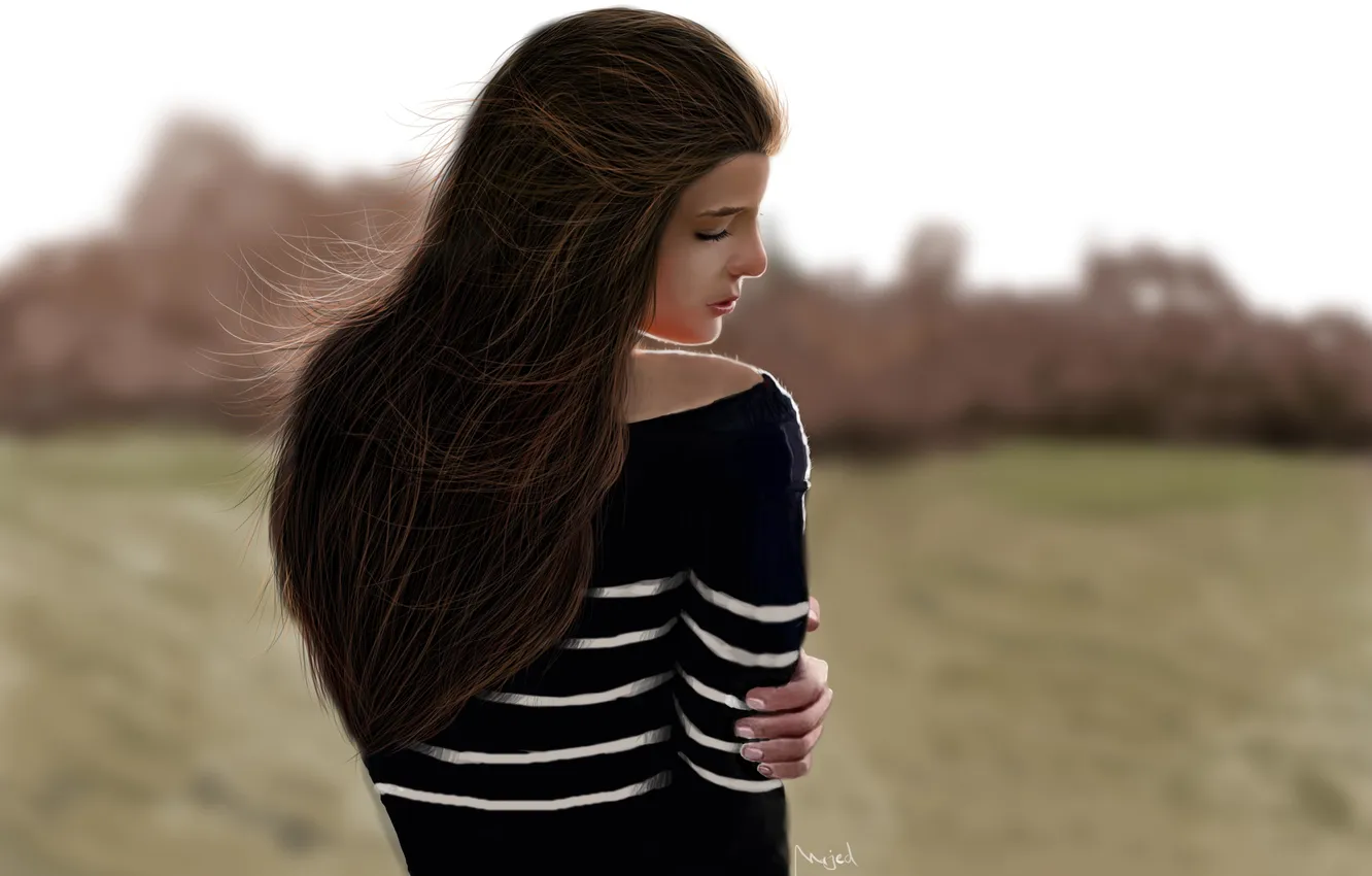 Photo wallpaper girl, strips, the wind, hair, focus, art, back