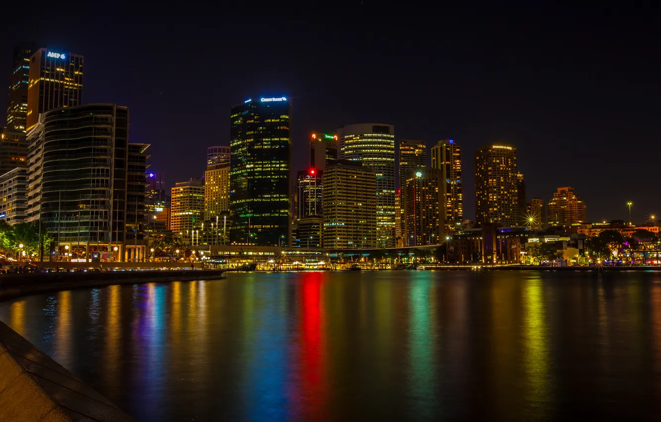 Photo wallpaper night, the city, river, photo, skyscrapers, Australia, Sydney