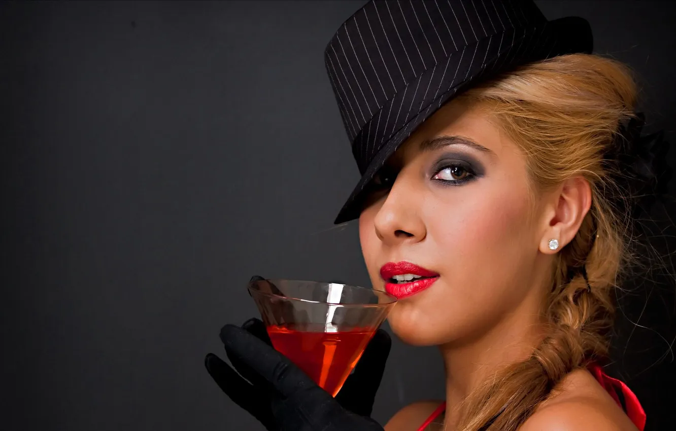 Photo wallpaper look, face, glass, hat, blonde, lips