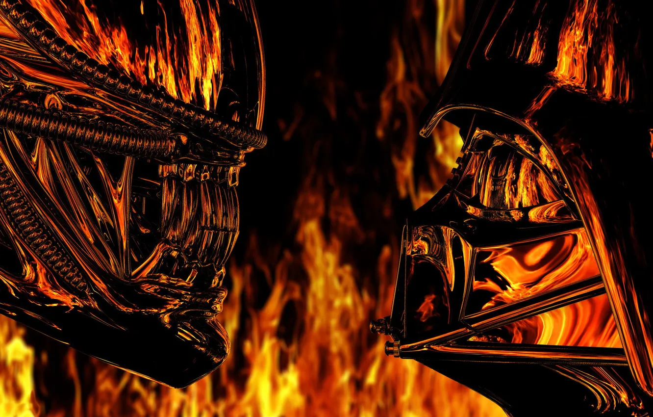 Photo wallpaper reflection, fire, Stranger, Darth Vader, Alien, Darth Vader