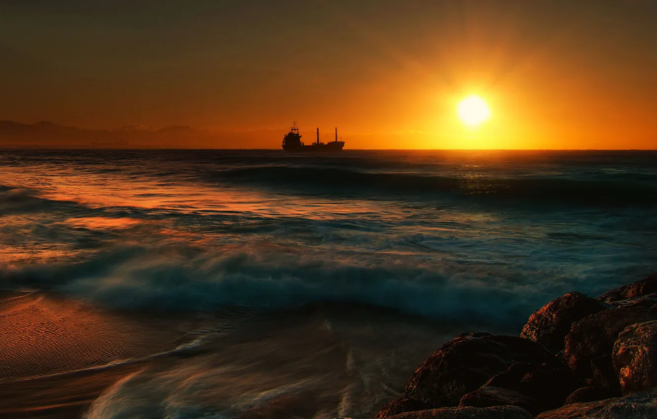 Photo wallpaper sea, wave, the sun, sunset, ship