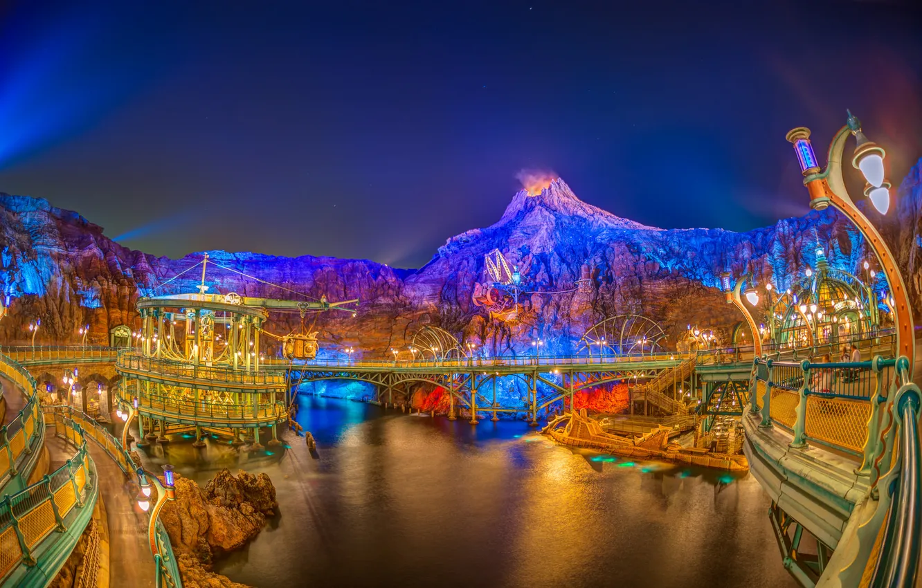Photo wallpaper mountains, night, lights, techno, Japan, Tokyo, Laguna, amusement Park