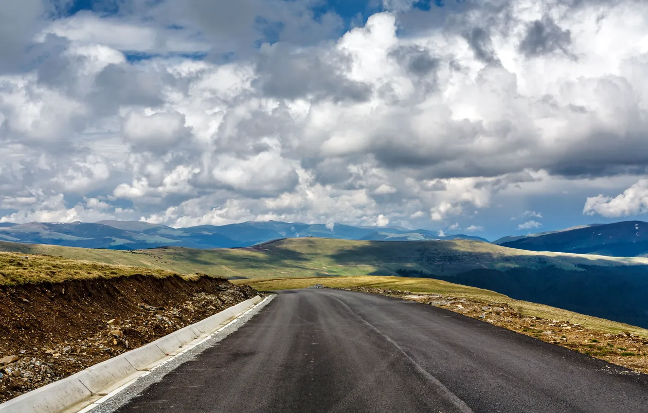 Photo wallpaper road, clouds, hills
