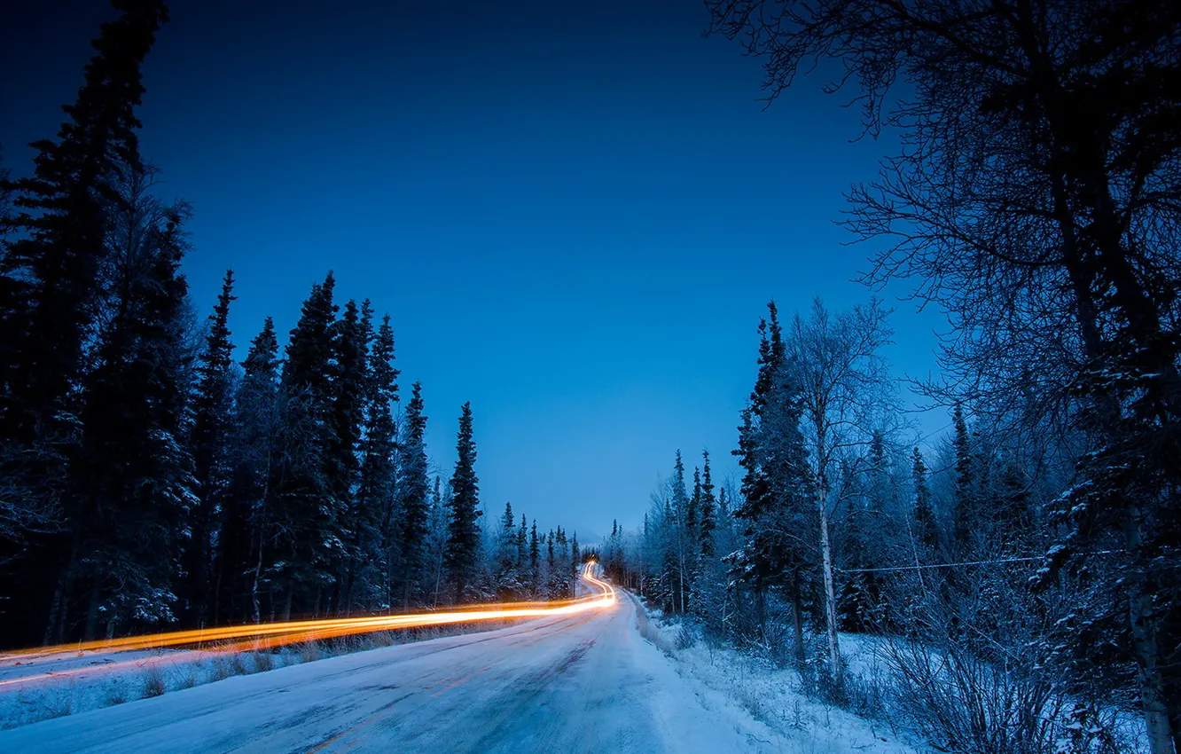 Photo wallpaper winter, road, night