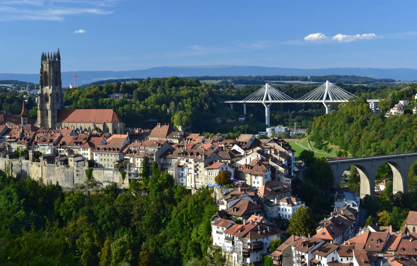 Photo wallpaper bridge, home, Switzerland, panorama, Fribourg