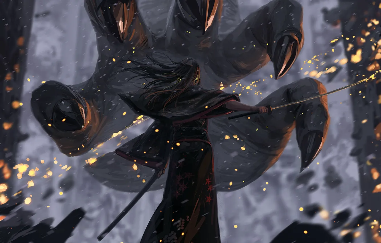 Photo wallpaper girl, snow, sword, hands, the demon, fantasy, Guweiz