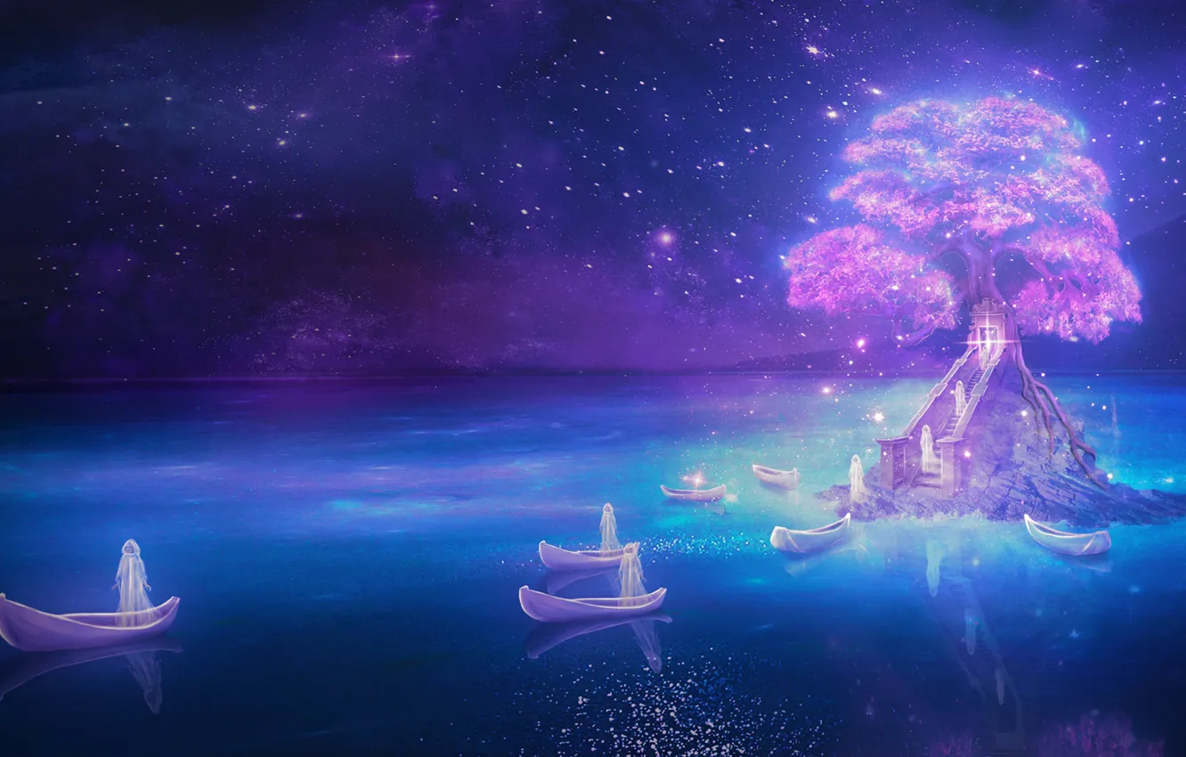 Photo wallpaper sea, water, stars, night, tree, boats, lighting, Art
