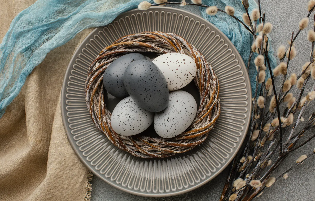 Photo wallpaper branches, table, grey, holiday, eggs, towel, spring, plate