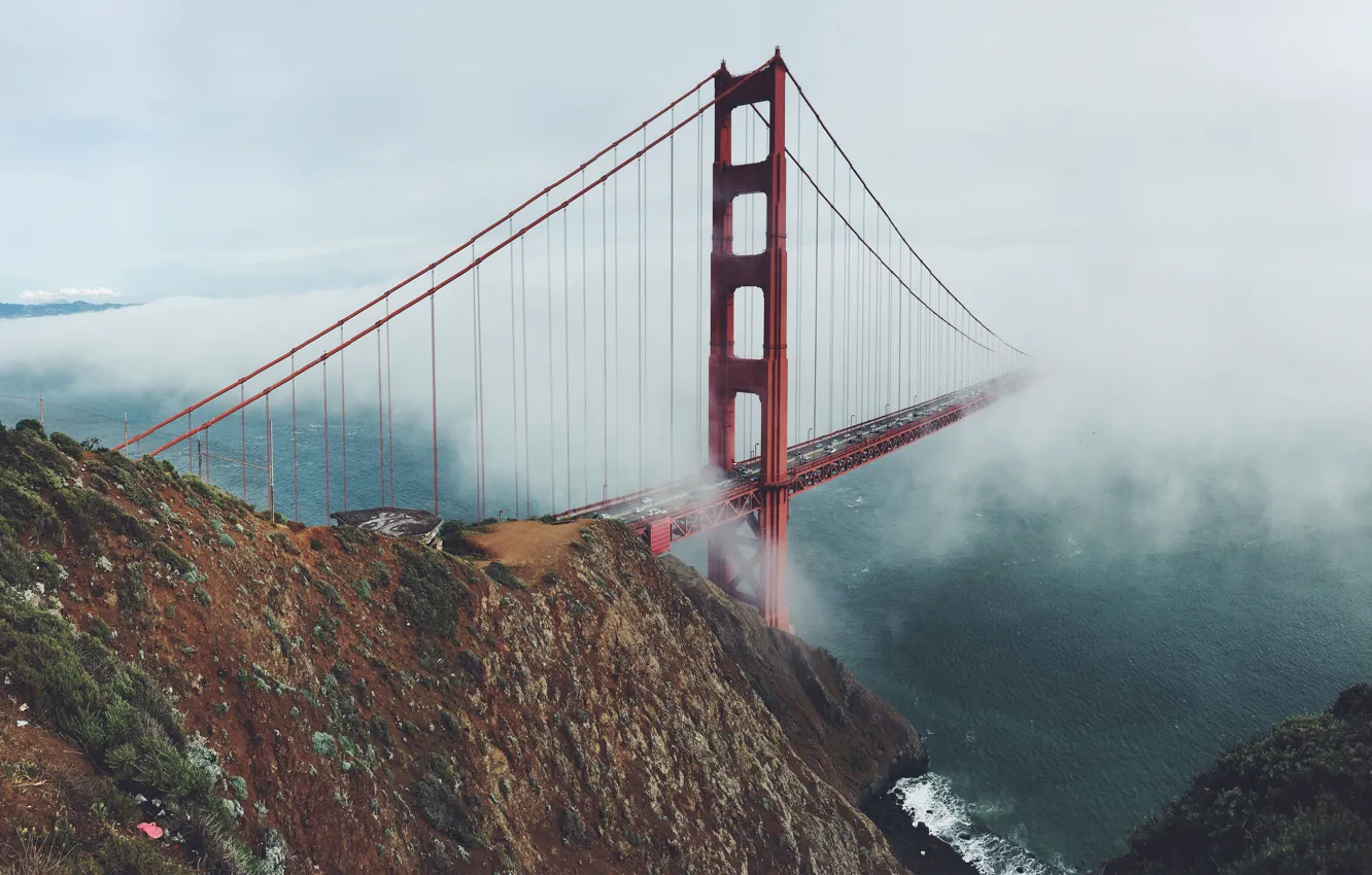 Photo wallpaper clouds, mountains, bridge, fog, gate, Landscape, San Francisco, gold
