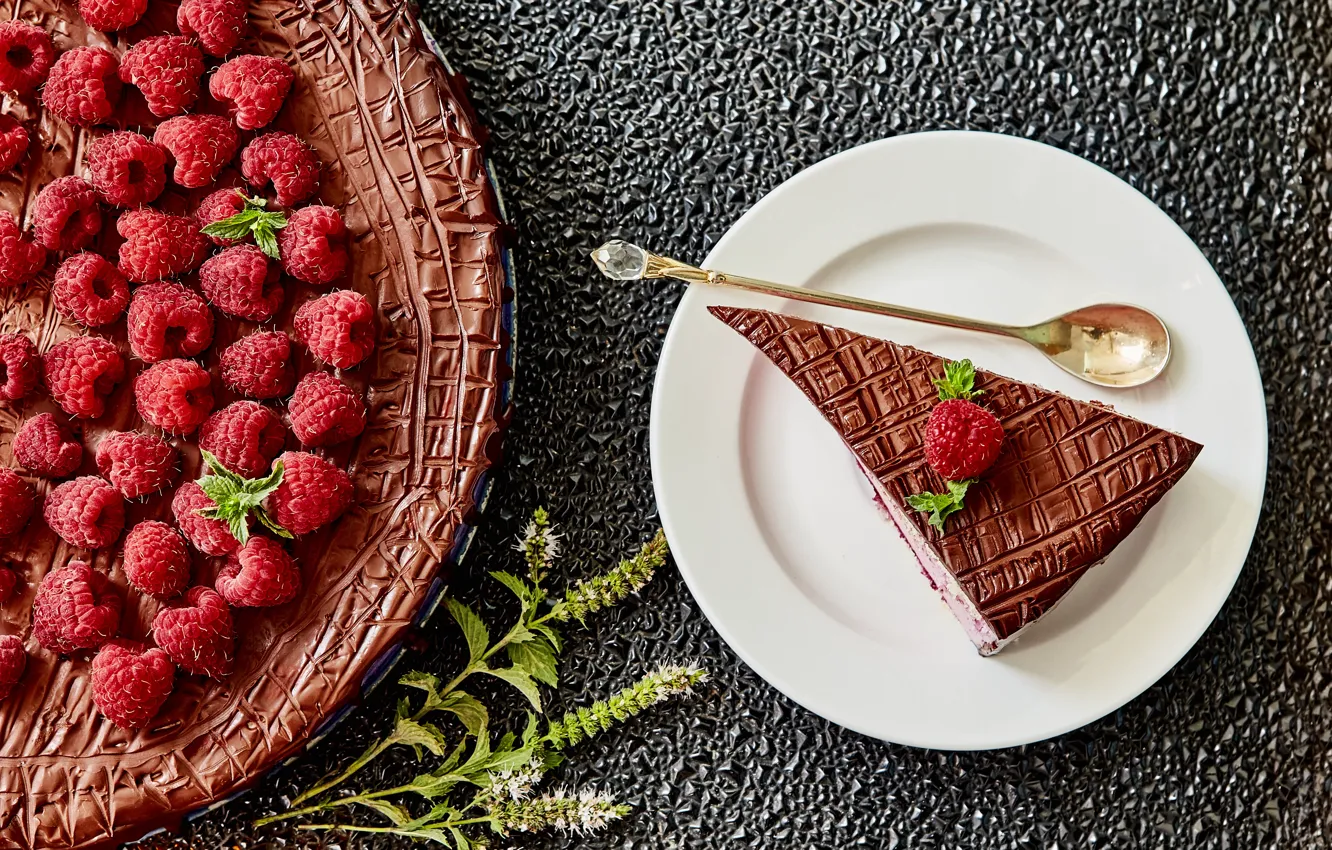 Photo wallpaper raspberry, chocolate, cake, cream, sweet