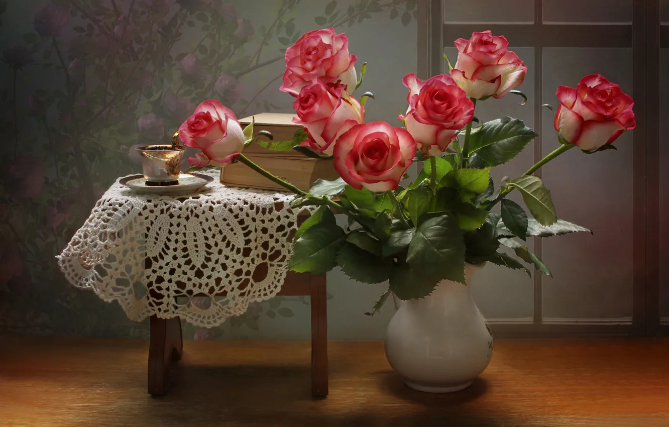 Photo wallpaper flowers, books, roses, Cup, vase, saucer, stool