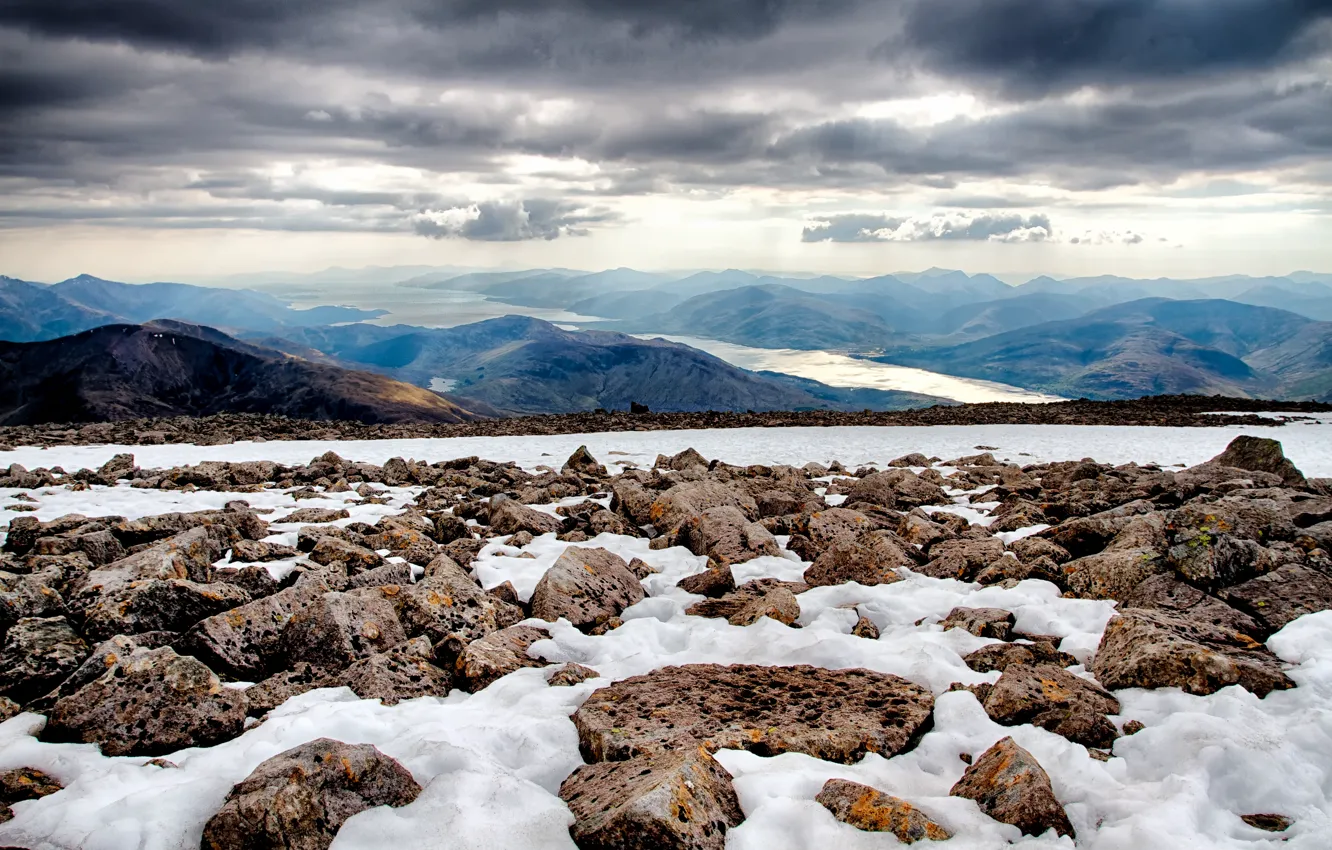 Photo wallpaper the sky, rays, snow, clouds, stones, view, mountain, Scotland