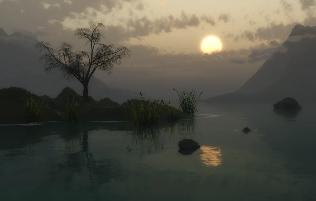 Photo wallpaper the sun, trees, sunset, mountains, lake, reed, twilight